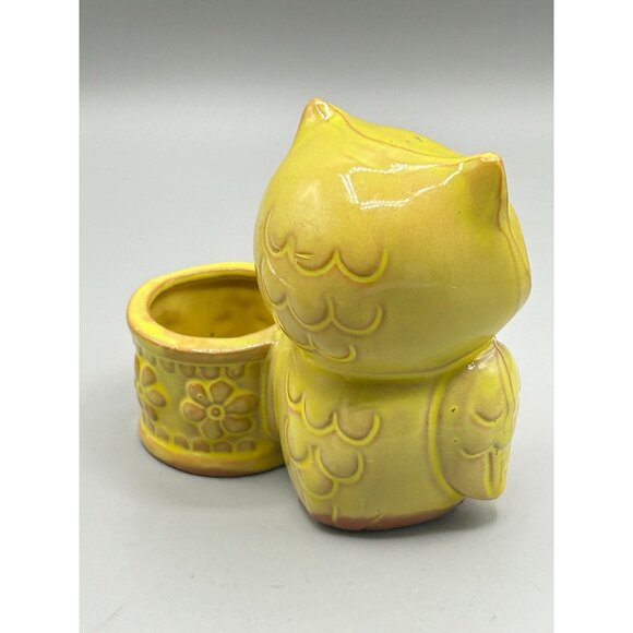 Vintage Small Owl Planter Yellow Glaze Red Clay Pottery Bird Kitsch Home Decor - Picture 6 of 9